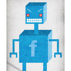robot with Facebook 'f' logo, illustration