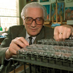 Konrad Zuse with reproduction of a mechanical computer