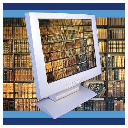 shelves of old books on computer screen, illustration