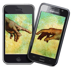 hands from Michelangelo's 'Creation' on two mobile phones
