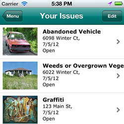 An iPhone screen lists issues reported to Pasadena's CRM system.