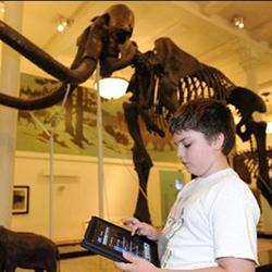 A young museum visitor consults a mobile app.