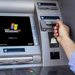An ATM running Microsoft Windows XP, still the operating system of most ATMs.