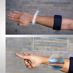 The Myo armband gestural interface in use.