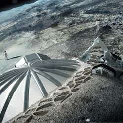 Concept art: A multi-dome lunar base being constructed, based on the 3D printing concept.