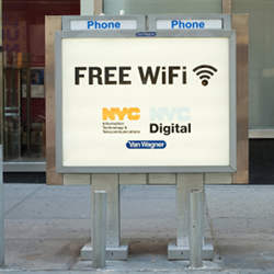 A New York City payphone station that now offers free Wi-Fi.