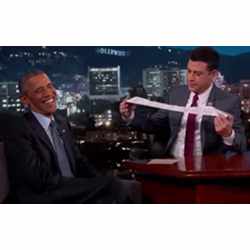 Talk show host Jimmy Kimmel and U.S. President Barack Obama discussing excessively long paper receipts.