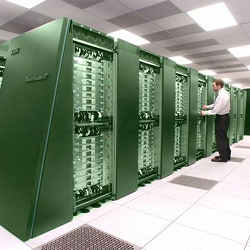 A green supercomputer (actually, IBM's Blue Gene supercomputer tinted green).