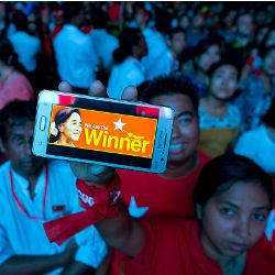 Myanmar's Suu Kyi on cellphone screen