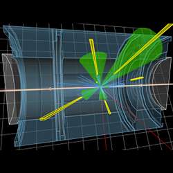A visualization of a simulated collision event in the ATLAS detector of the Large Hadron Collider.