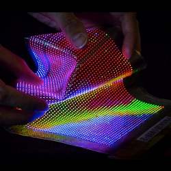 A stretchable fabric embedded with light-emitting diodes.