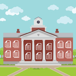 school building with doc icons as windows, illustration
