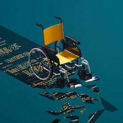 wheelchair on crumbling path, illustration