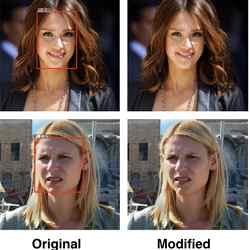 The original photos (at left) are modified only slightly (at right) to make them unidentifiable to facial recognition software.