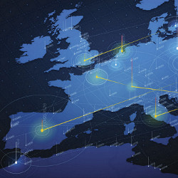 communication connections on map of Europe, illustration
