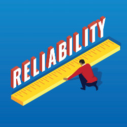 man with giant ruler measuring the word 'Reliability,' illustration