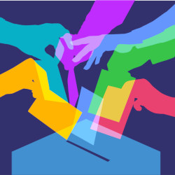 hands place ballots in ballot box, illustration