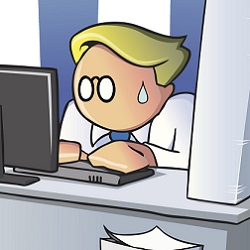 sweating man writing at desk, illustration