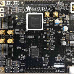 The Sakura-G evaluation board for demonstrating side-channel attacks includes a Xilinx Spartan-6 field programmable gate array for proprietary cryptographic processing, an SMA connection to measure FPGA power consumption, and an external voltage supply pi