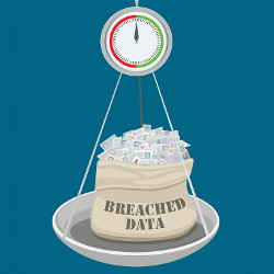 scale weighing sack of breached data, illustration
