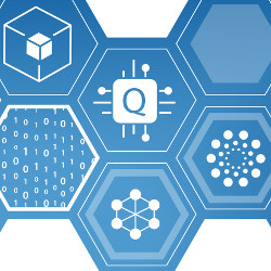 quantum icons and hexagonal shapes