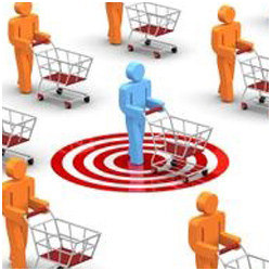 shopper with shopping cart standing in a target, illustration