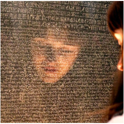 girl's reflection in stone tablet with ancient language etchings, illustration