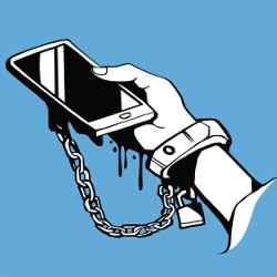 person's wrist handcuffed to mobile phone, illustration