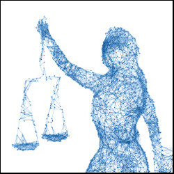 female figure holding scales of justice in pixelated image, illustration