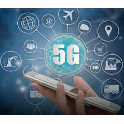 The 5G symbol amid symbols of many of the applications it empowers.