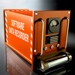 orange metal box labeled as 'software data recorder'