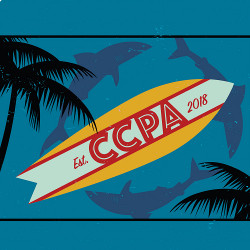 sharks, surfboard with initials CCPA, illustration