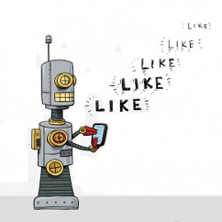 robot with phone 'like' 'like' 'like', illustration