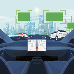 view from inside a self-driving vehicle, illustration