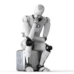 robot posed as 'The Thinker,' illustration