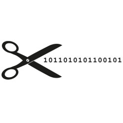 scissors and a line of binary code