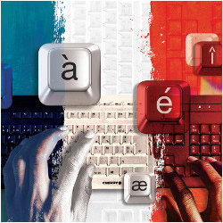 hands typing on AZERTY keyboard on blue, white, and red background, illustration