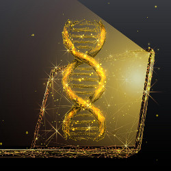 DNA and laptop computer, illustration