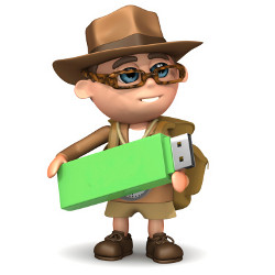 archeologist with oversized USB drive, illustration