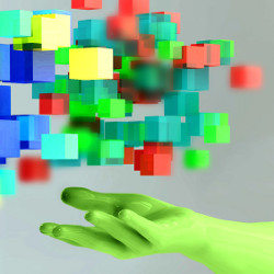 green hand under colored blocks, illustration