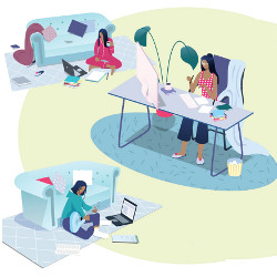 female in work and leisure settings, illustration