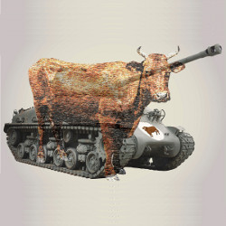 bull superimposed on image of tank, illustration