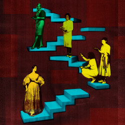historic female technology figures on steps, illustration