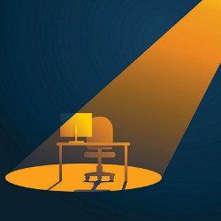 chair, desk, and computer screen in a spotlight, illustration