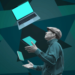 man wearing cap juggles laptop computers, illustration