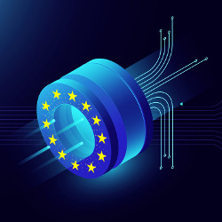 EU stars on blue cylinder with electronic traces, illustration