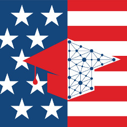 graduate cap image on U.S. flag background, illustration