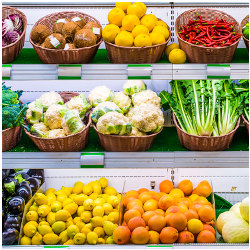 vegetables in bins on store shelves
