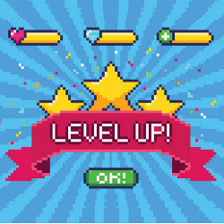 'Level Up! OK!' text in game screen format, illustration