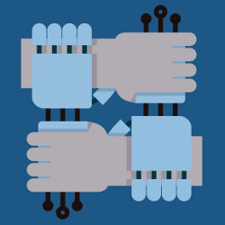 two human hands and two robotic hands locked at wrists, illustration